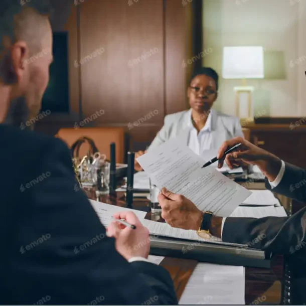 Business meeting with three people, with one attorney pointing at paperwork with his pen