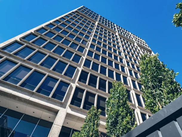 Looking up at Danna McKitrick's office building from street level
